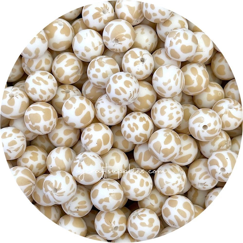Oatmeal Cow Print - 15mm round Silicone Beads - 10 Beads