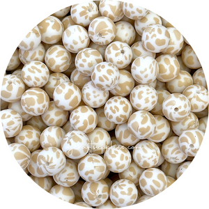 Oatmeal Cow Print - 15mm round Silicone Beads - 10 Beads