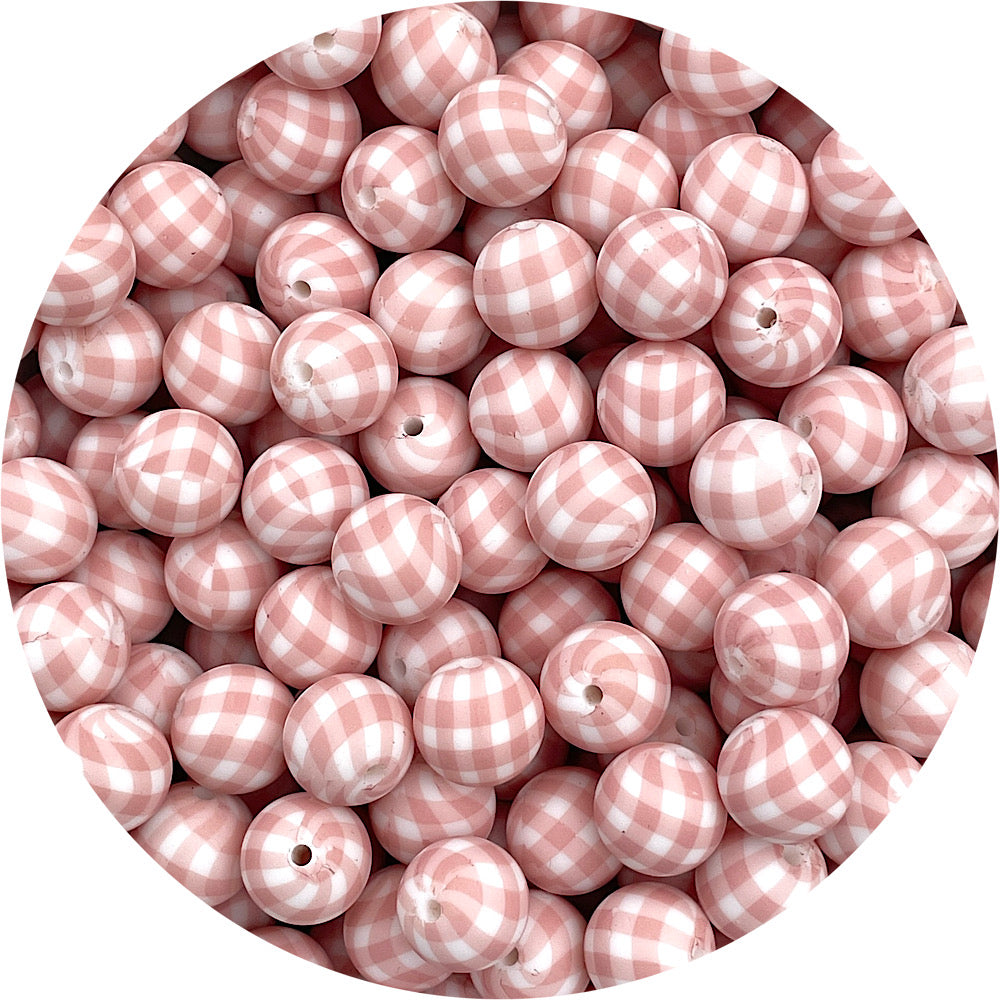 Nude Gingham Print - 15mm round Silicone Beads - 10 Beads