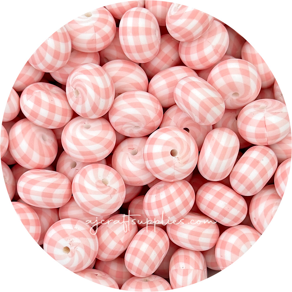 Candy Pink Gingham Print - 22mm abacus Silicone beads - 5 Beads
