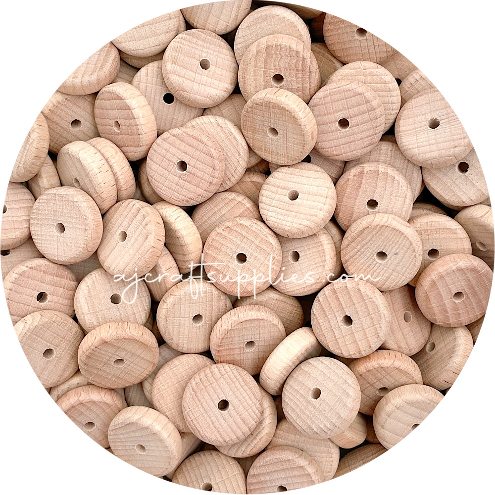 Beech Wood Beads - 20mm Flat Coin - 5 Beads