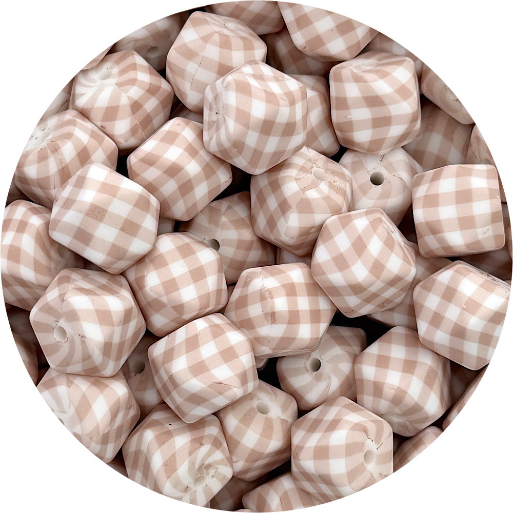 Espresso Gingham Print - 17mm hexagon Silicone Beads - 10 Beads