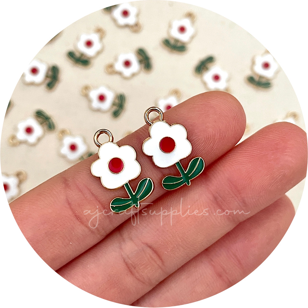 20mm White Flower Enamel Metal Charms - 2 pcs