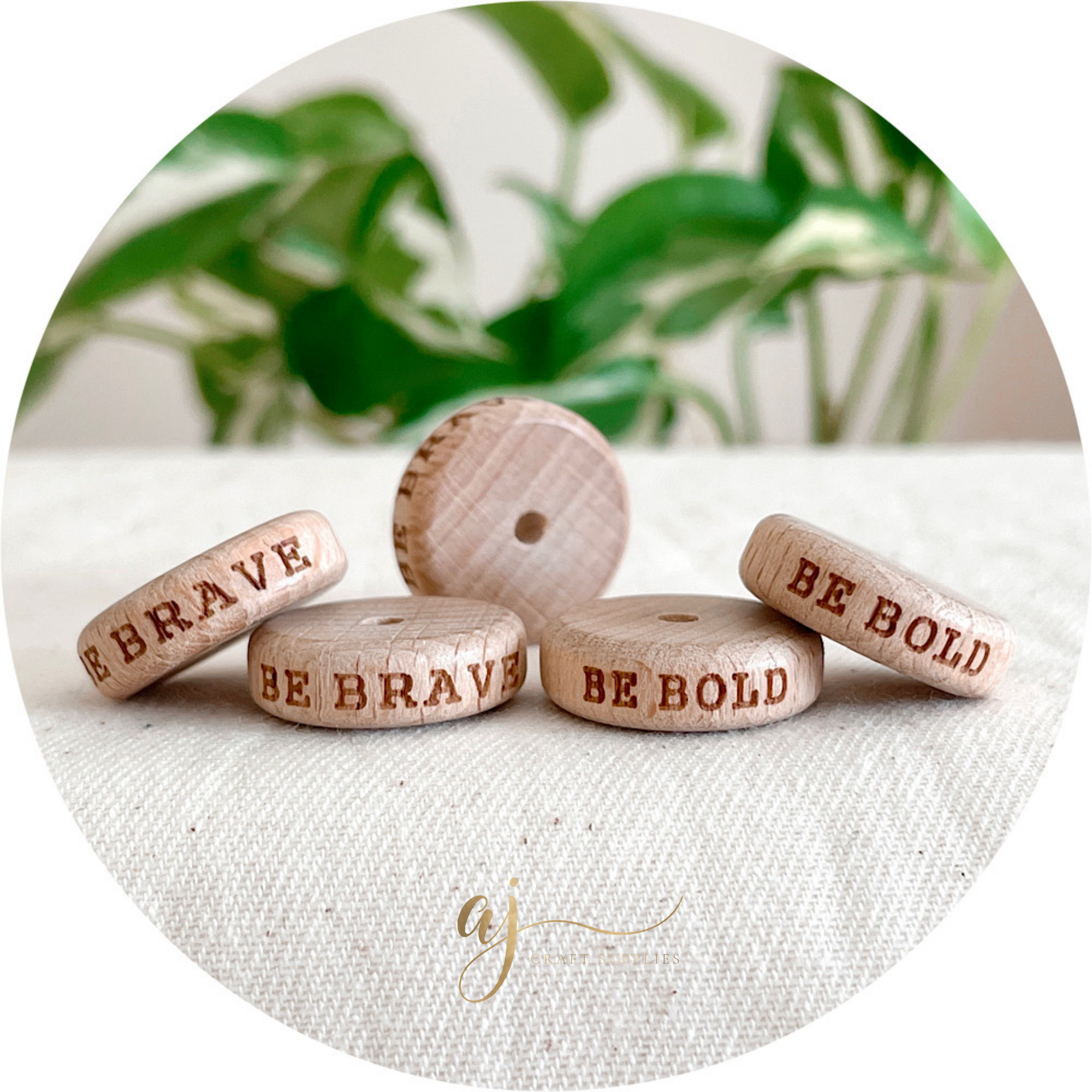 Beech Wood Engraved Beads (Be Brave / Be Bold) - 20mm Coin - Choose your Design - 5 Beads