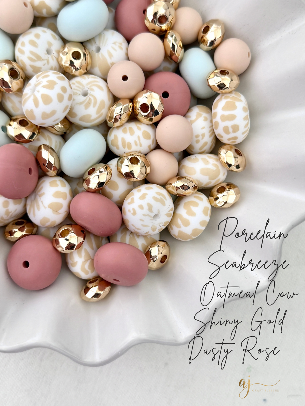 Oatmeal Cow Print - 22mm abacus Silicone beads - 5 Beads