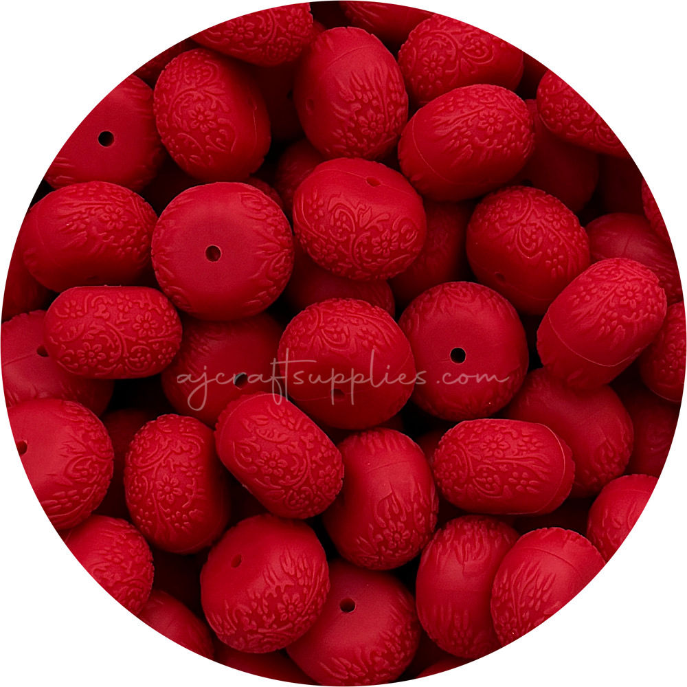 Ruby Red - 22mm abacus (Floral Embossed) Silicone Beads - 5 Beads