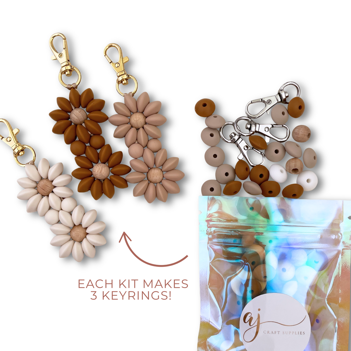 DIY Double Flower Silicone Bead Keyring Kit (Makes 3 Keyrings) - Choose your Theme