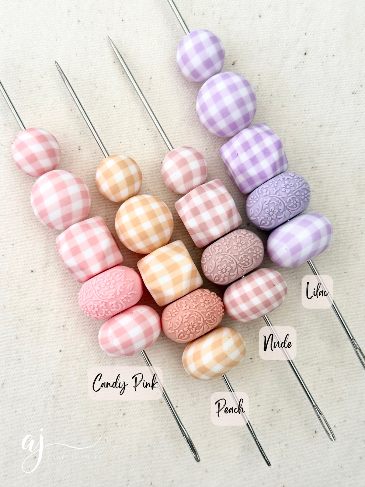 Candy Pink Gingham Print - 15mm round Silicone Beads - 10 Beads