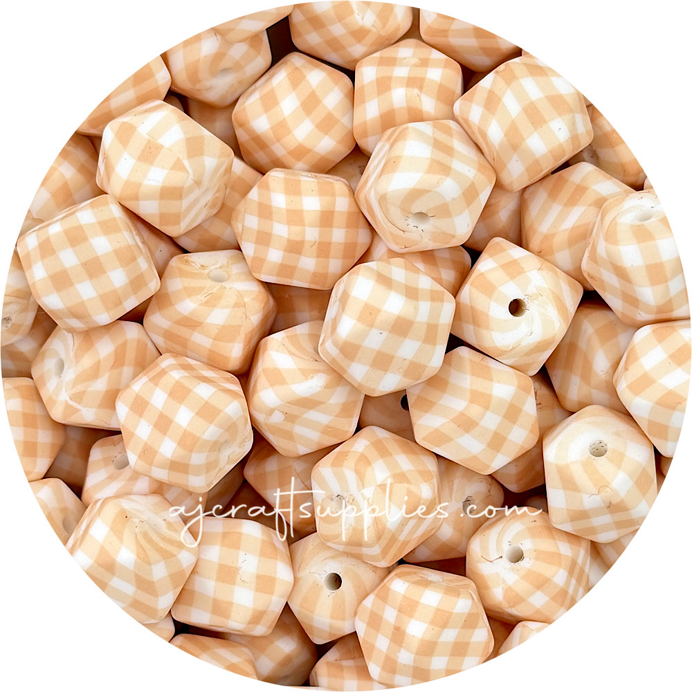 Peach Gingham Print - 17mm hexagon Silicone Beads - 10 Beads