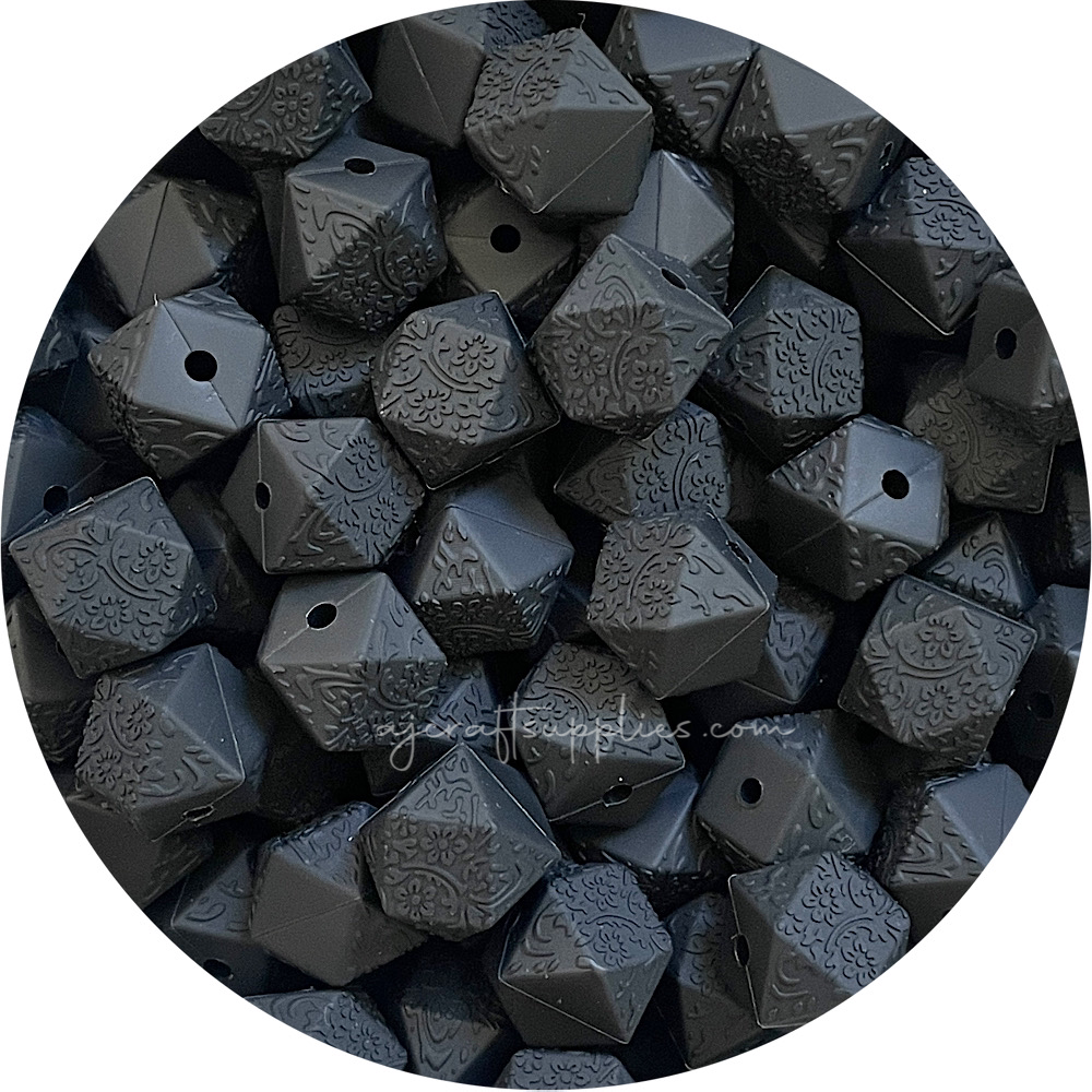 Jet Black - 14mm mini hexagon (Floral Embossed) Silicone Beads - 5 Beads