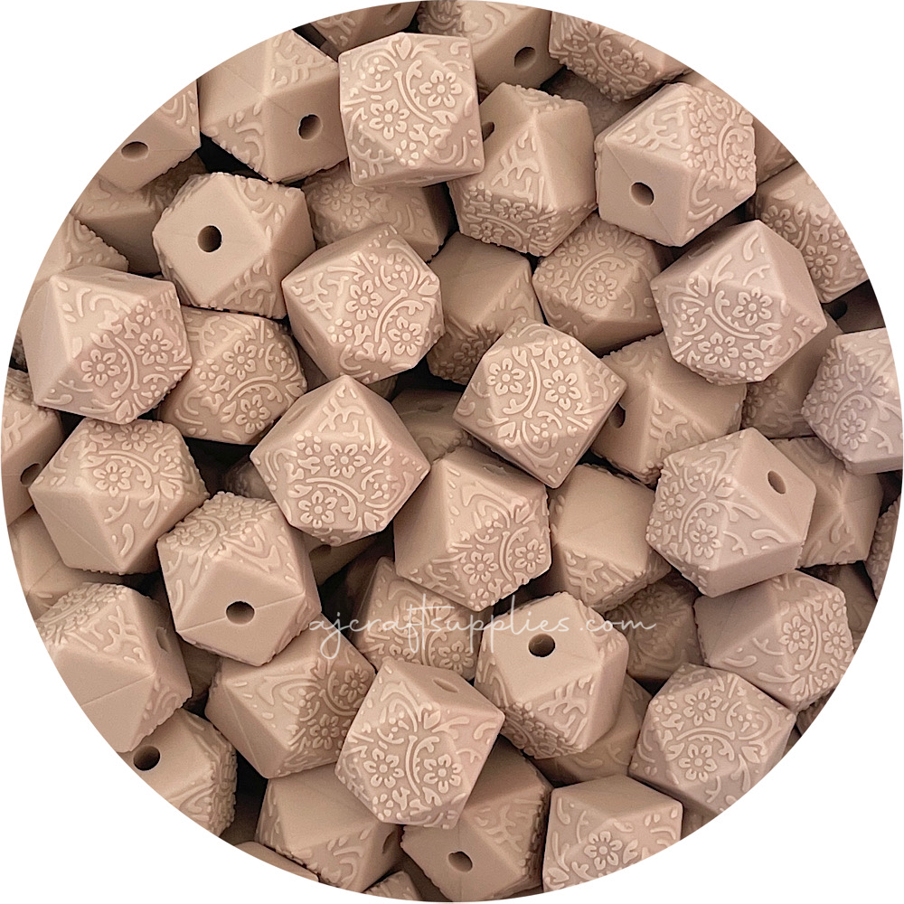 Oatmeal - 14mm mini hexagon (Floral Embossed) Silicone Beads - 5 Beads