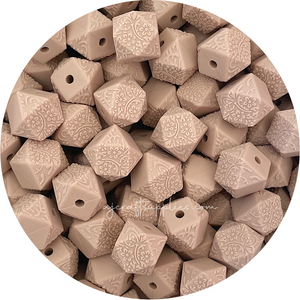 Oatmeal - 14mm mini hexagon (Floral Embossed) Silicone Beads - 5 Beads