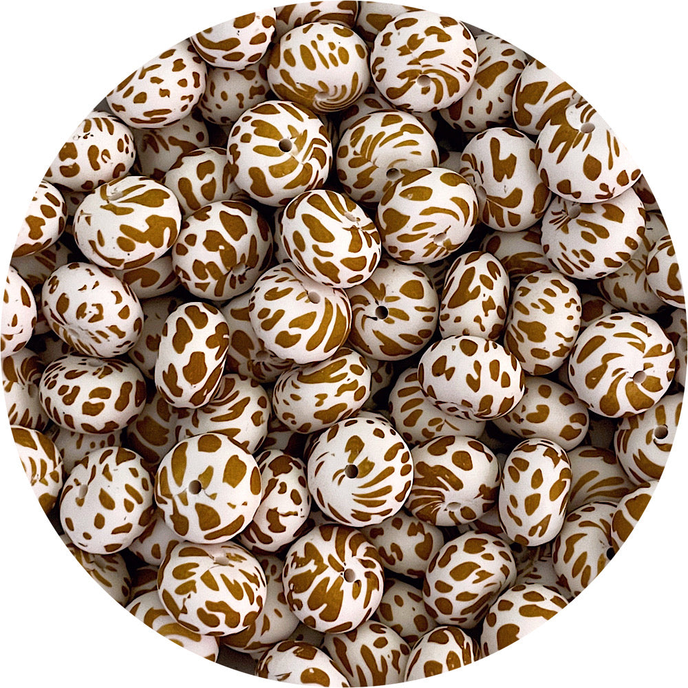 Tan Cow Print - 19mm Abacus Silicone Beads - 5 Beads