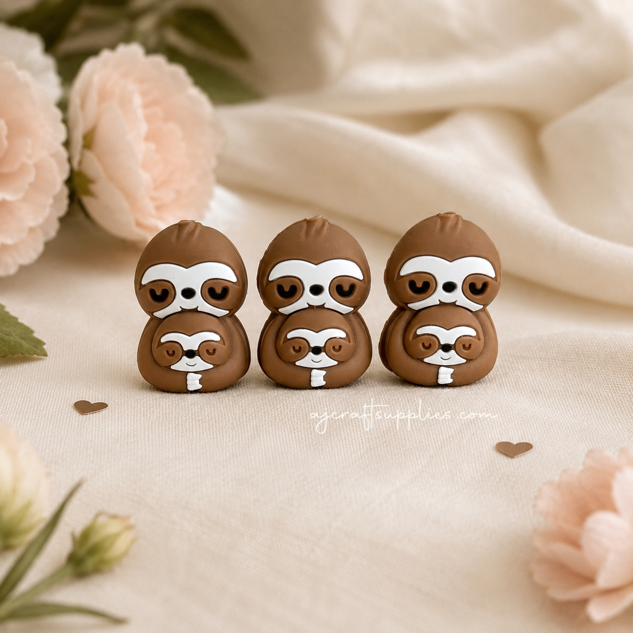 3D Mother & Child Embrace Sloth Silicone Focal Beads - 2 beads