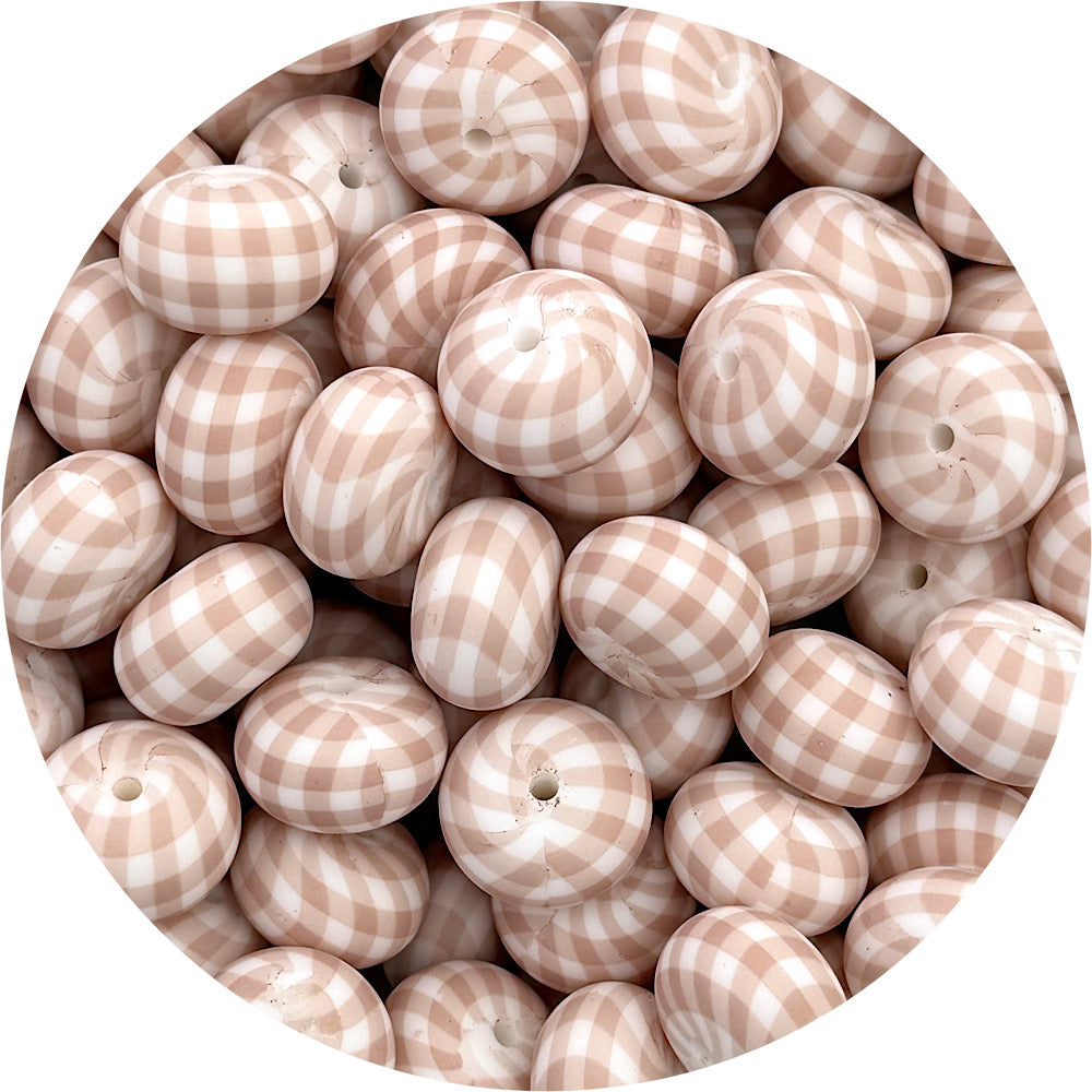 Espresso Gingham Print - 22mm abacus Silicone beads - 5 Beads