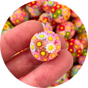 19mm Colourful Flower Bouquet Round Acrylic Beads - 5 Beads