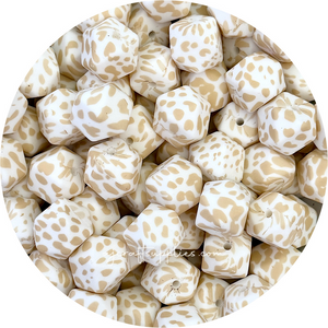 Oatmeal Cow Print - 17mm hexagon Silicone Beads - 10 Beads
