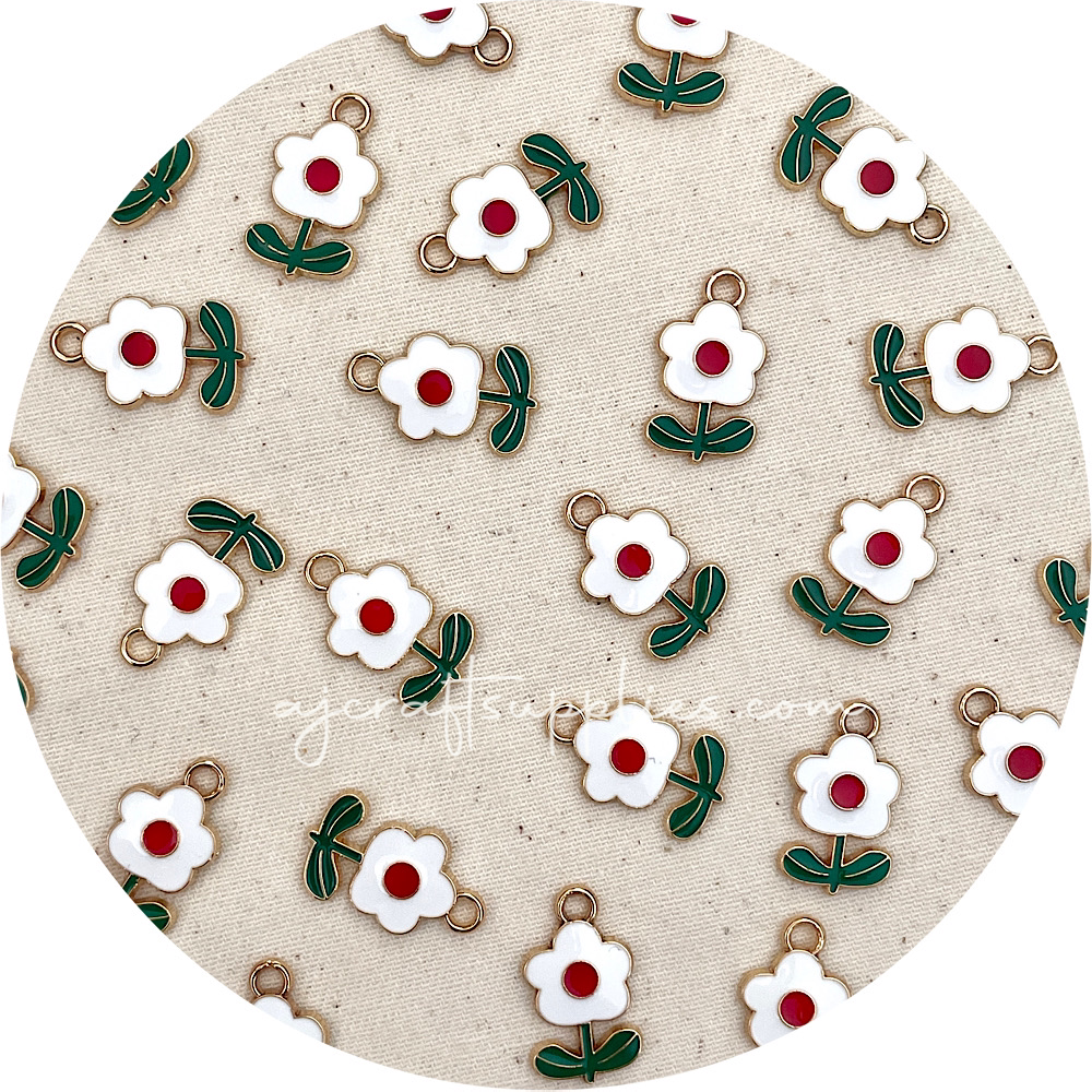 20mm White Flower Enamel Metal Charms - 2 pcs