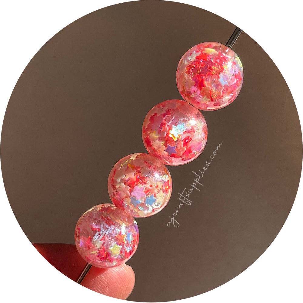 16mm Star Confetti Round Acrylic Beads - Red - 5 Beads
