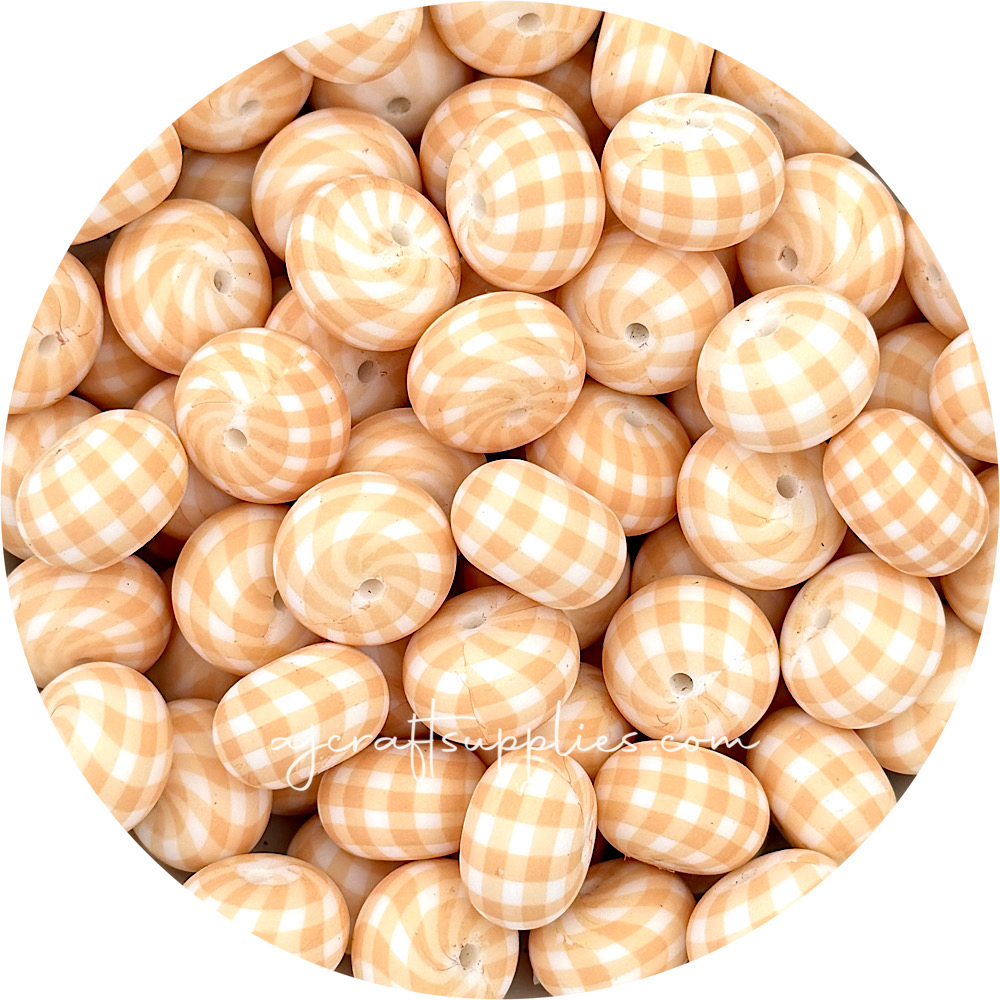 Peach Gingham Print - 22mm abacus Silicone beads - 5 Beads