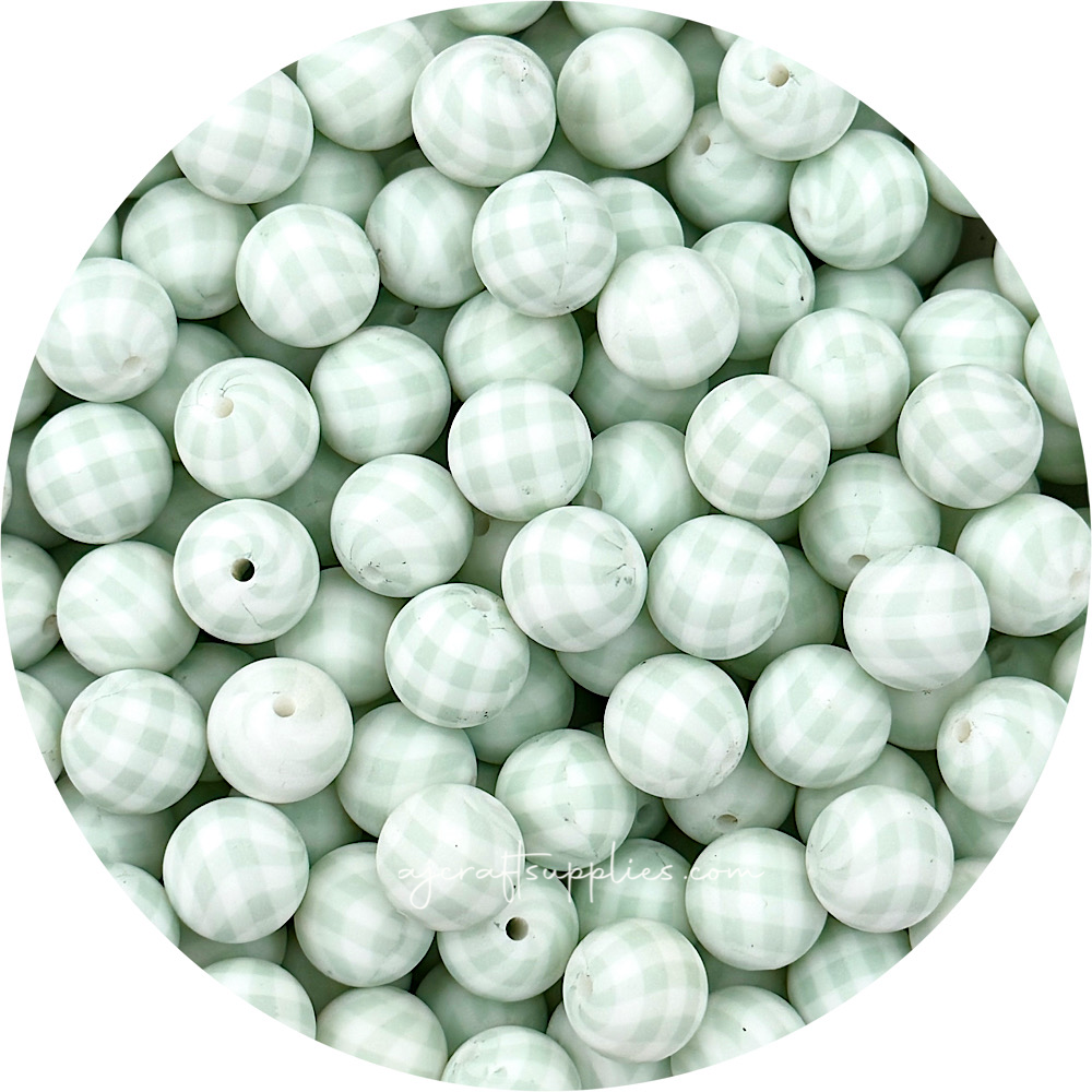 Seabreeze Gingham Print - 15mm round Silicone Beads - 10 Beads