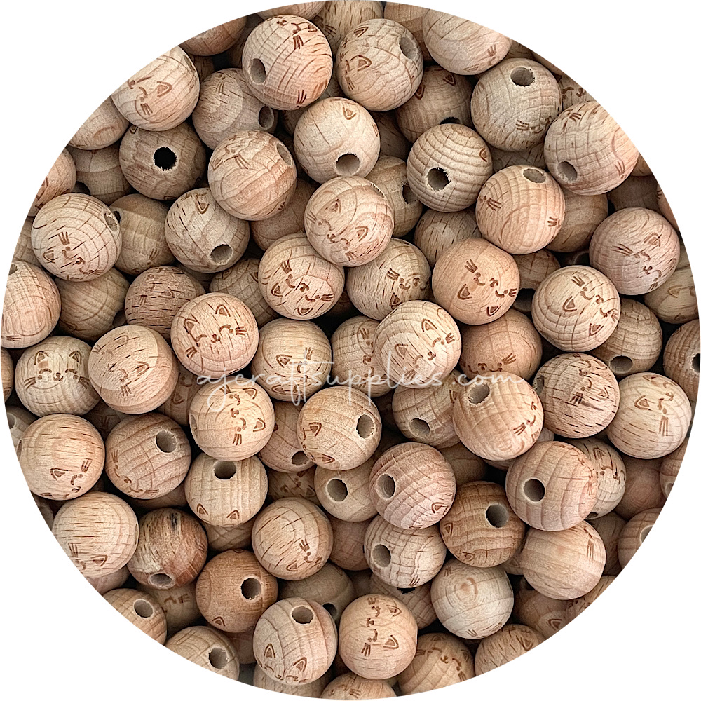 Beech Wood Engraved Beads (KITTY CAT) - CHOOSE A SIZE - 5 beads
