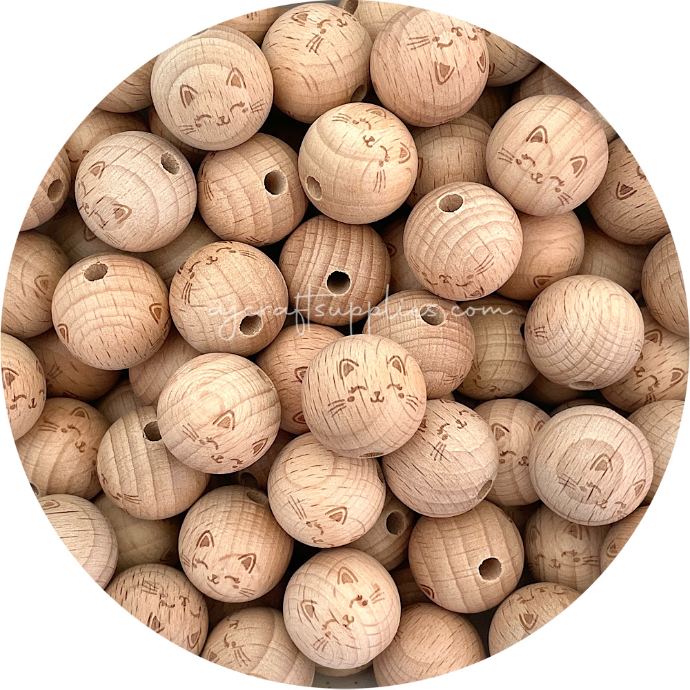 Beech Wood Engraved Beads (KITTY CAT) - CHOOSE A SIZE - 5 beads