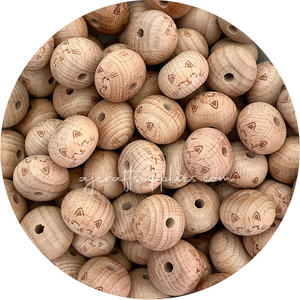 Beech Wood Engraved Beads (KITTY CAT) - CHOOSE A SIZE - 5 beads
