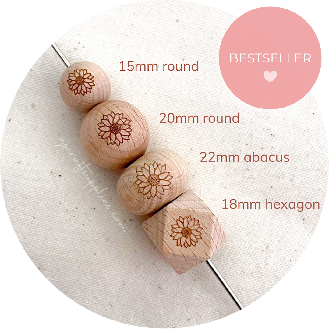 Beech Wood Engraved Beads (SUNFLOWER) - CHOOSE A SIZE - 5 beads