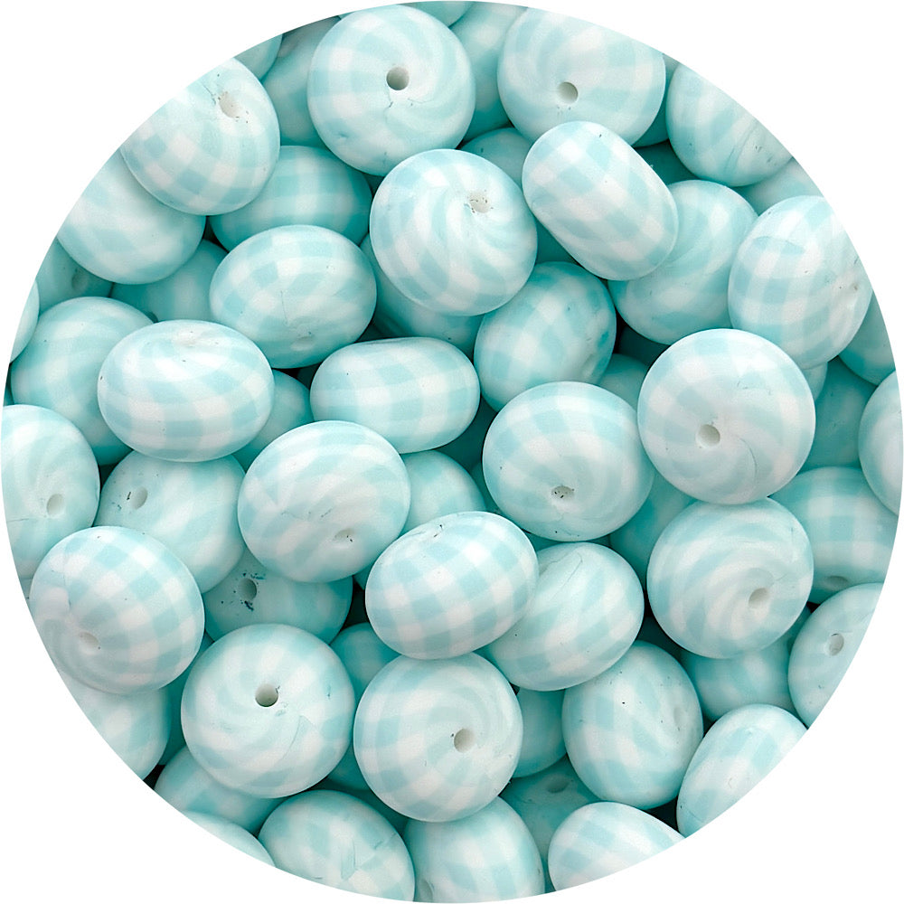 Aqua Gingham Print - 22mm abacus Silicone beads - 5 Beads
