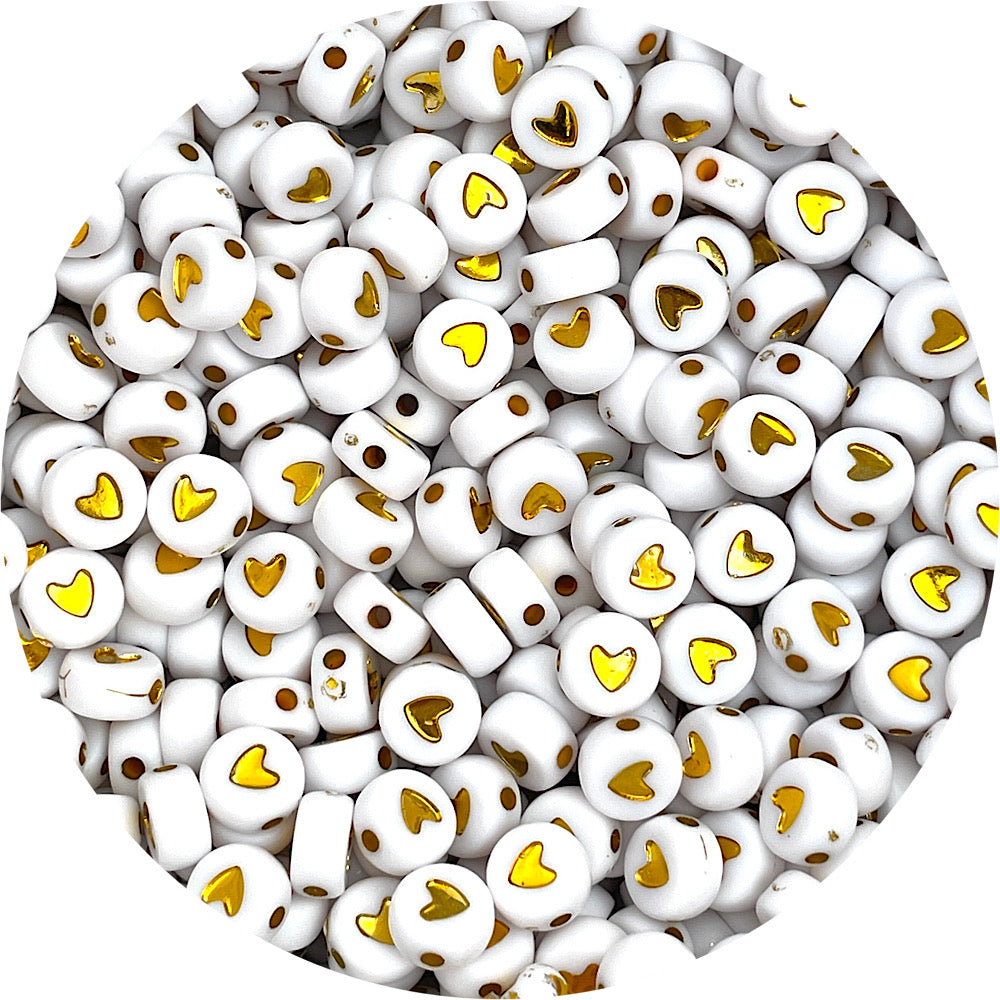 7mm Round Acrylic Heart Beads - Gold/White - 20 Beads