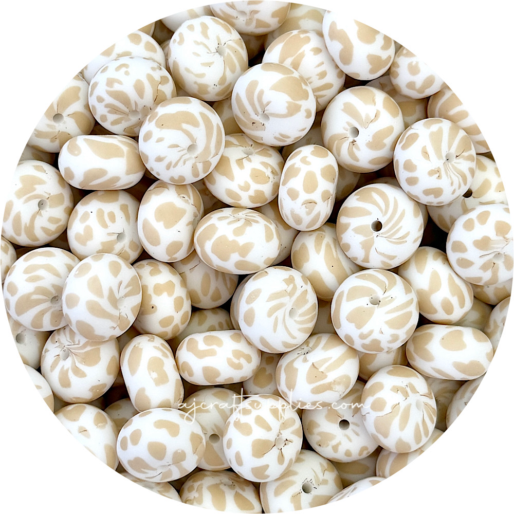 Oatmeal Cow Print - 19mm Abacus Silicone Beads - 5 Beads