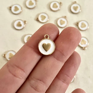 12mm Round Love Heart White/Gold Enamel Metal Charms - Each