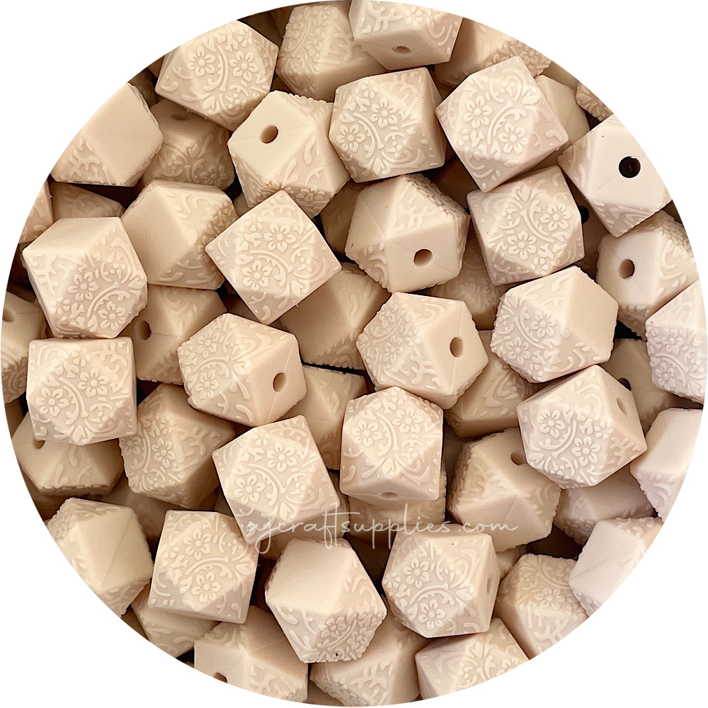 Cream Beige - 14mm mini hexagon (Floral Embossed) Silicone Beads - 5 Beads