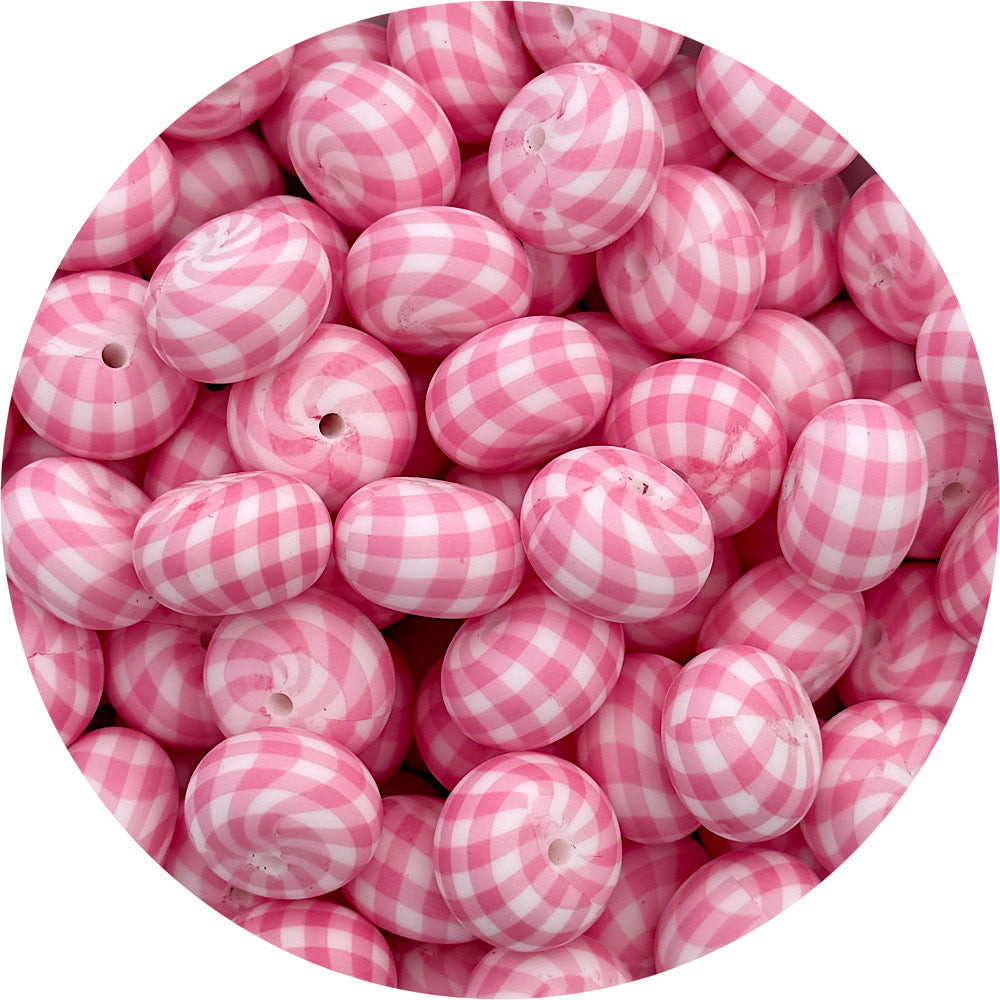 Bubblegum Pink Gingham Print - 22mm abacus Silicone beads - 5 Beads