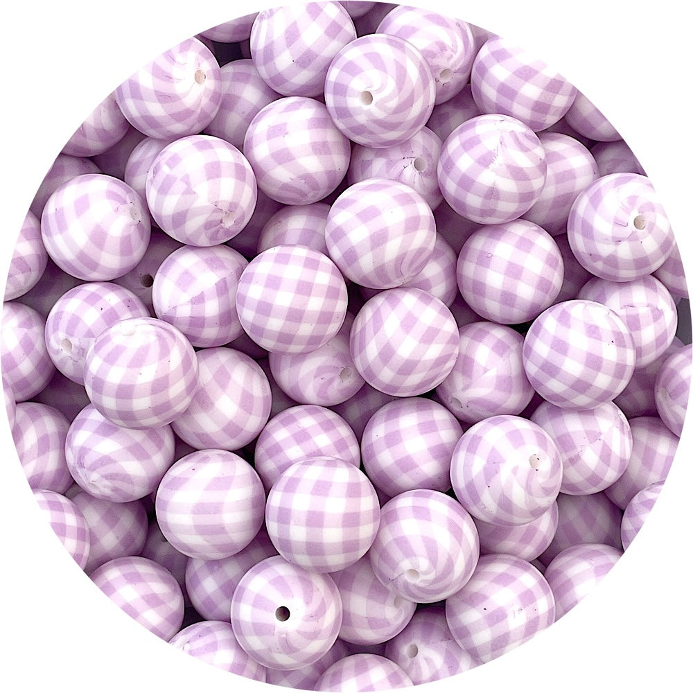 Lilac Gingham Print - 19mm round Silicone beads - 5 Beads