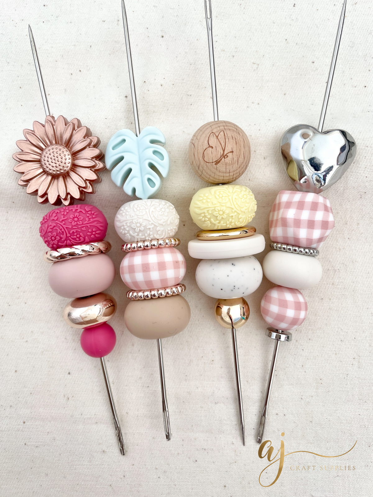 Nude Gingham Print - 22mm abacus Silicone beads - 5 Beads