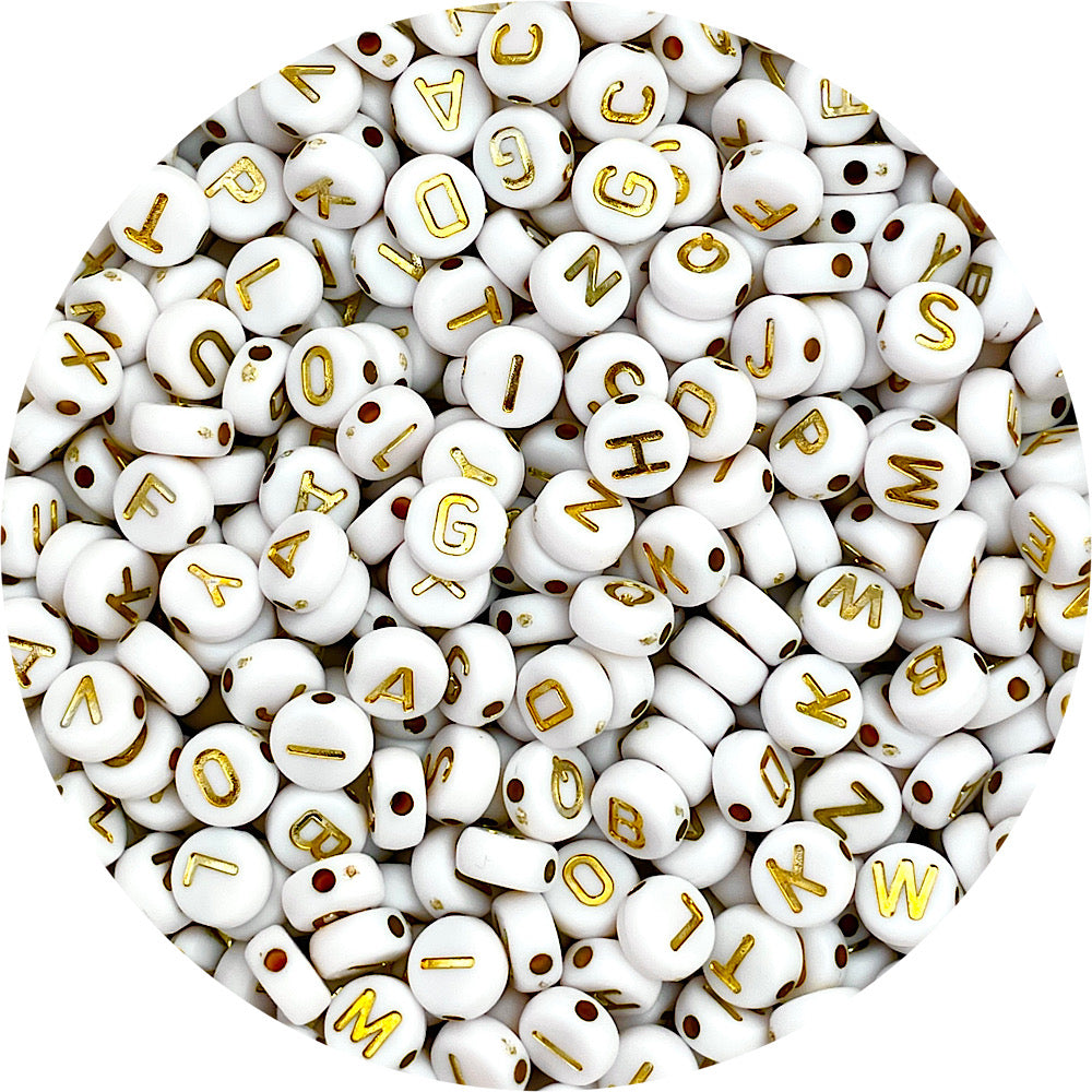 7mm Round Acrylic Letter Beads (Mixed Pack) - Gold/White - 260 Beads