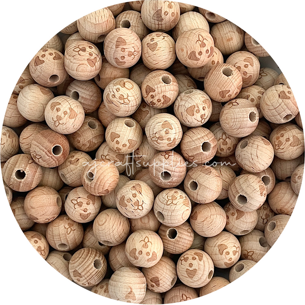 Beech Wood Engraved Beads (DOG) - CHOOSE A SIZE - 5 beads