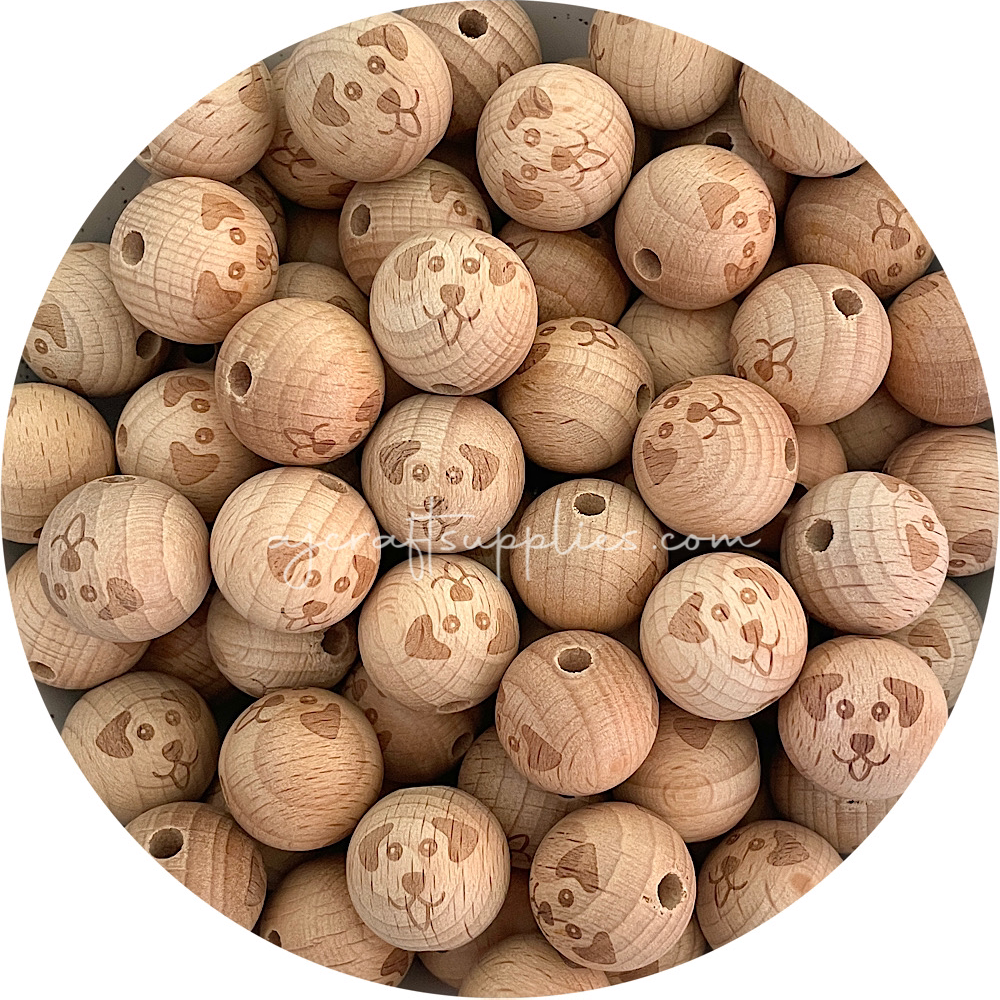 Beech Wood Engraved Beads (DOG) - CHOOSE A SIZE - 5 beads