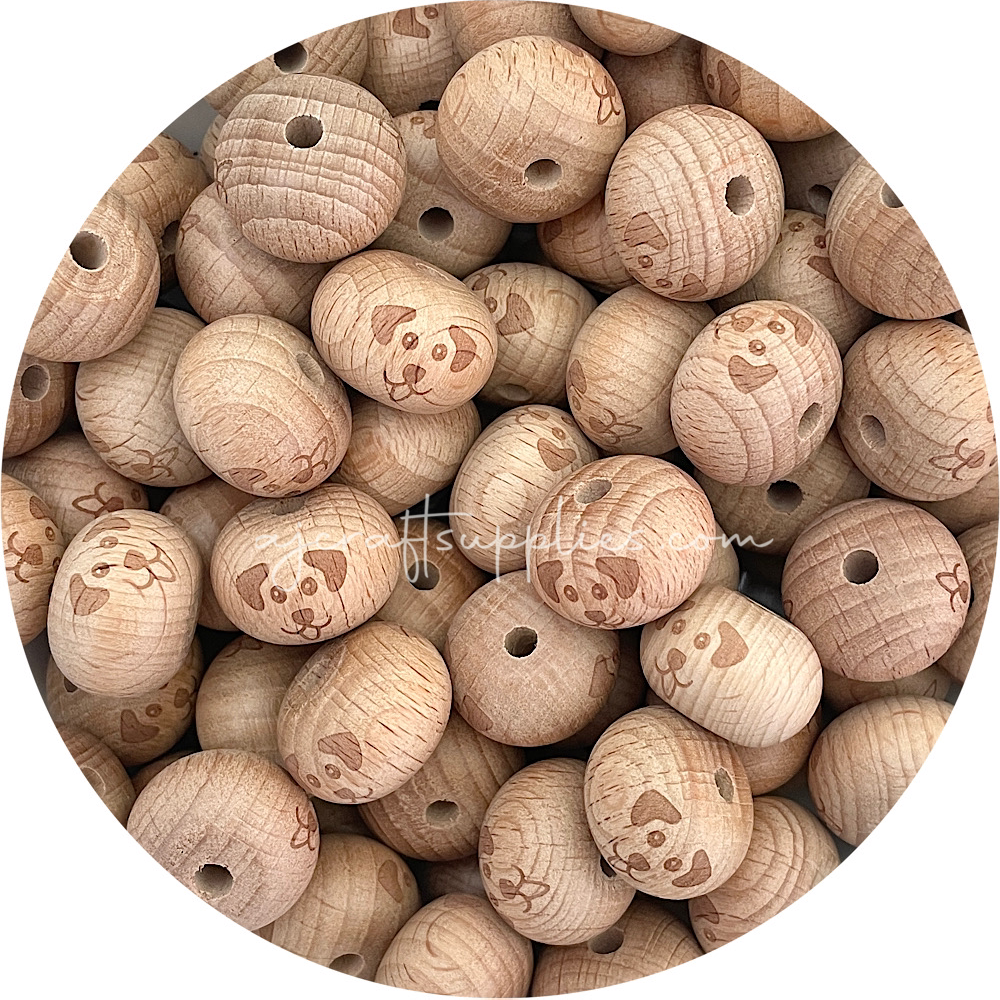 Beech Wood Engraved Beads (DOG) - CHOOSE A SIZE - 5 beads