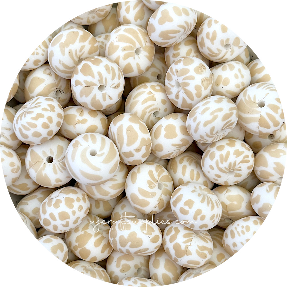 Oatmeal Cow Print - 22mm abacus Silicone beads - 5 Beads