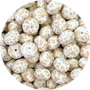 Oatmeal Cow Print - 22mm abacus Silicone beads - 5 Beads