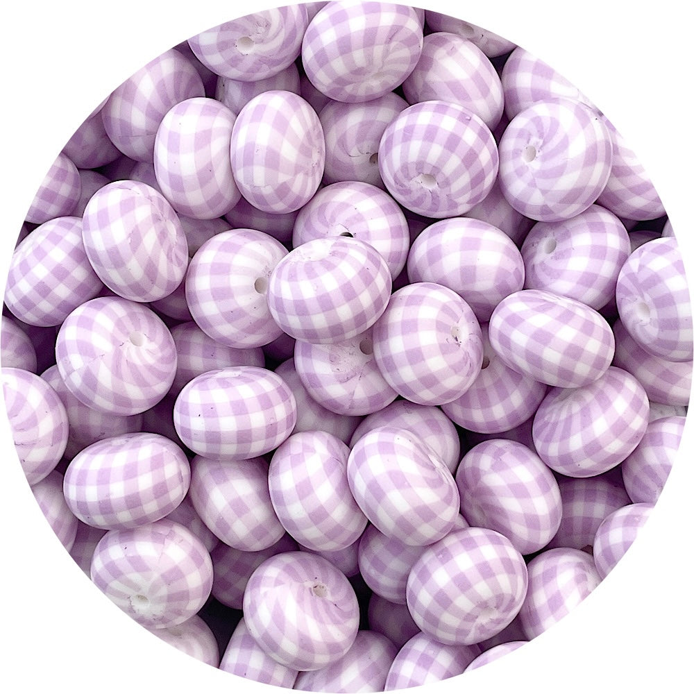 Lilac Gingham Print - 22mm abacus Silicone beads - 5 Beads