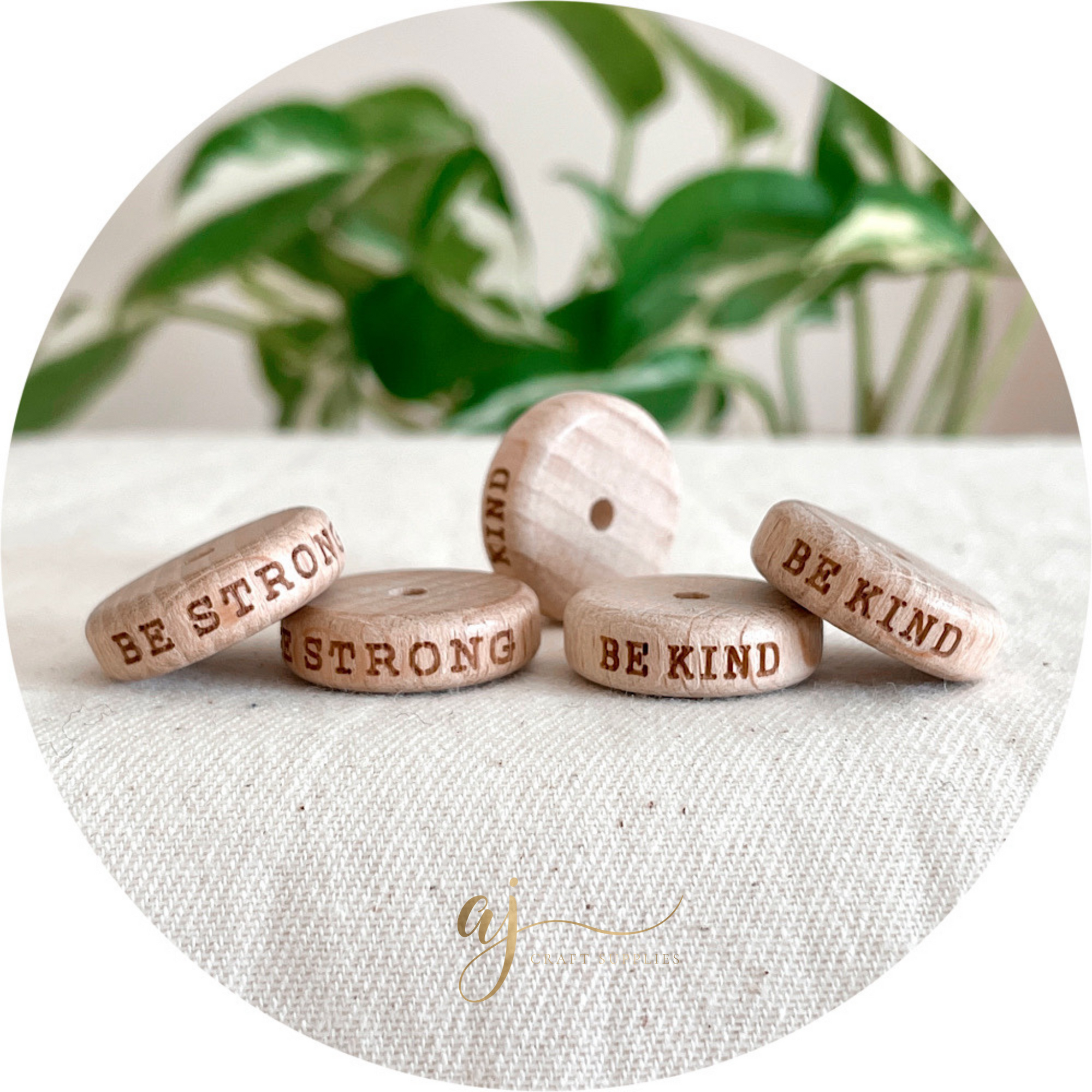 Beech Wood Engraved Beads (Be Kind / Be Strong) - 20mm Coin - Choose your Design - 5 Beads