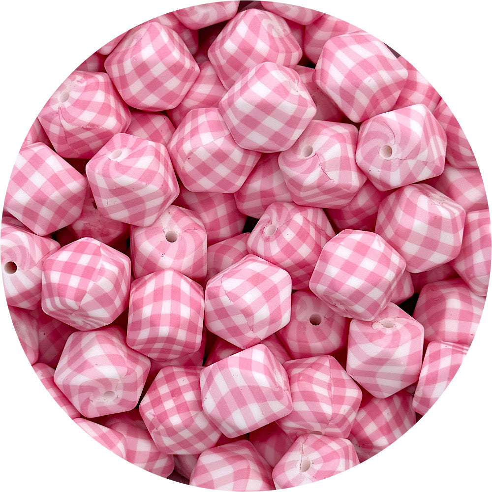 Bubblegum Pink Gingham Print - 17mm hexagon Silicone Beads - 10 Beads