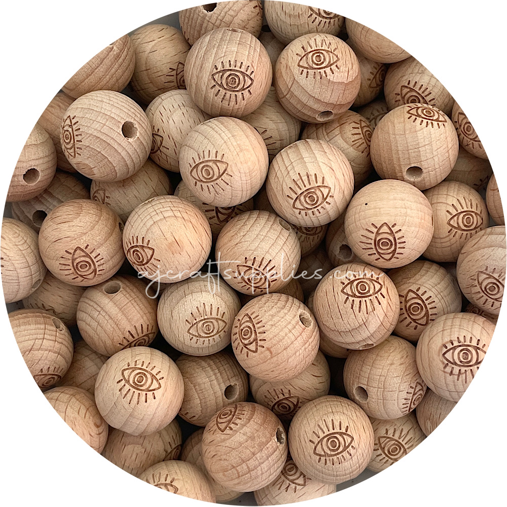 Beech Wood Engraved Beads (EVIL EYE) - CHOOSE A SIZE - 5 beads
