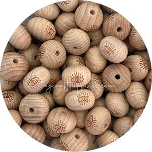 Beech Wood Engraved Beads (EVIL EYE) - CHOOSE A SIZE - 5 beads