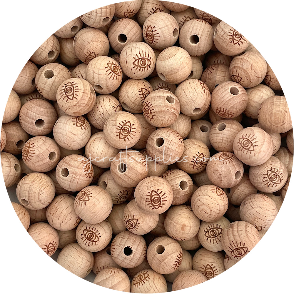 Beech Wood Engraved Beads (EVIL EYE) - CHOOSE A SIZE - 5 beads