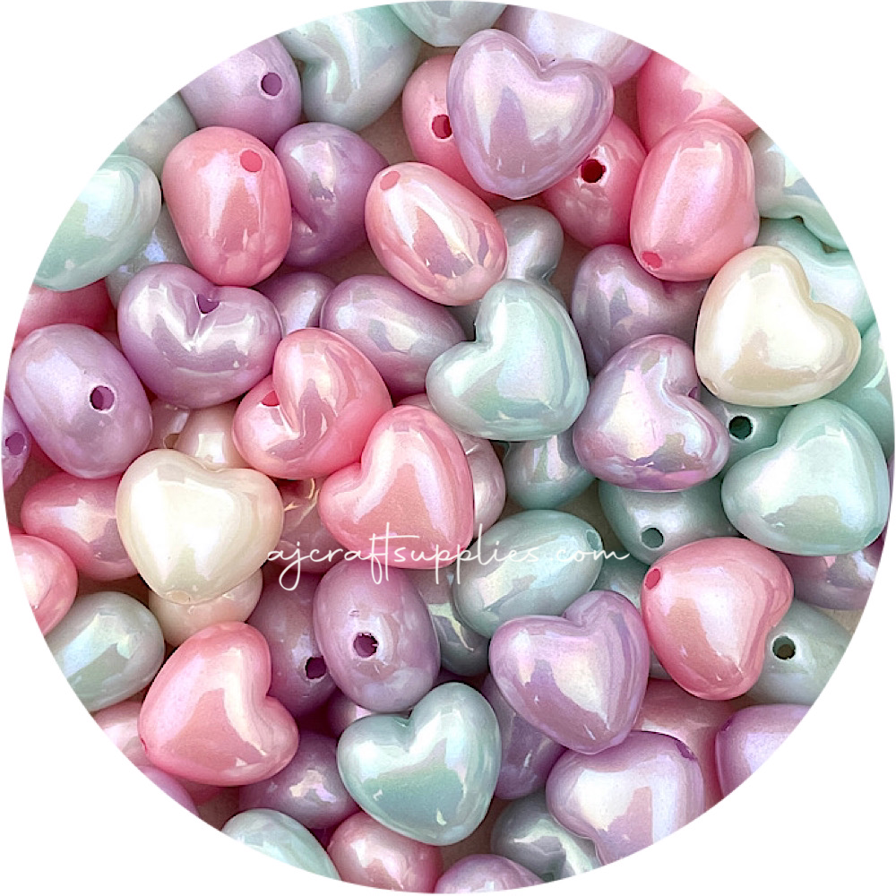 21mm Pearlescent Puffy Heart Acrylic Beads - Choose Your Colour - 2 Beads